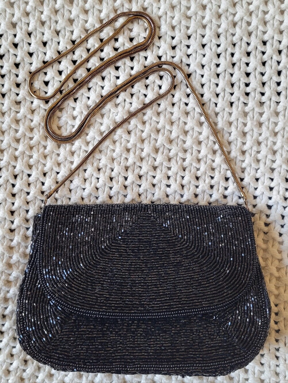 Nordstrom Vintage 80s Black Beaded Clutch/Crossbody Bag With Metal Strap